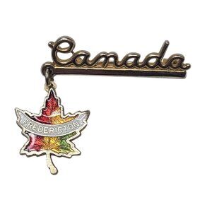 Vintage Canada Fredericton Maple Leaf Souvenir Pin Gold Tone Enamel Dangle